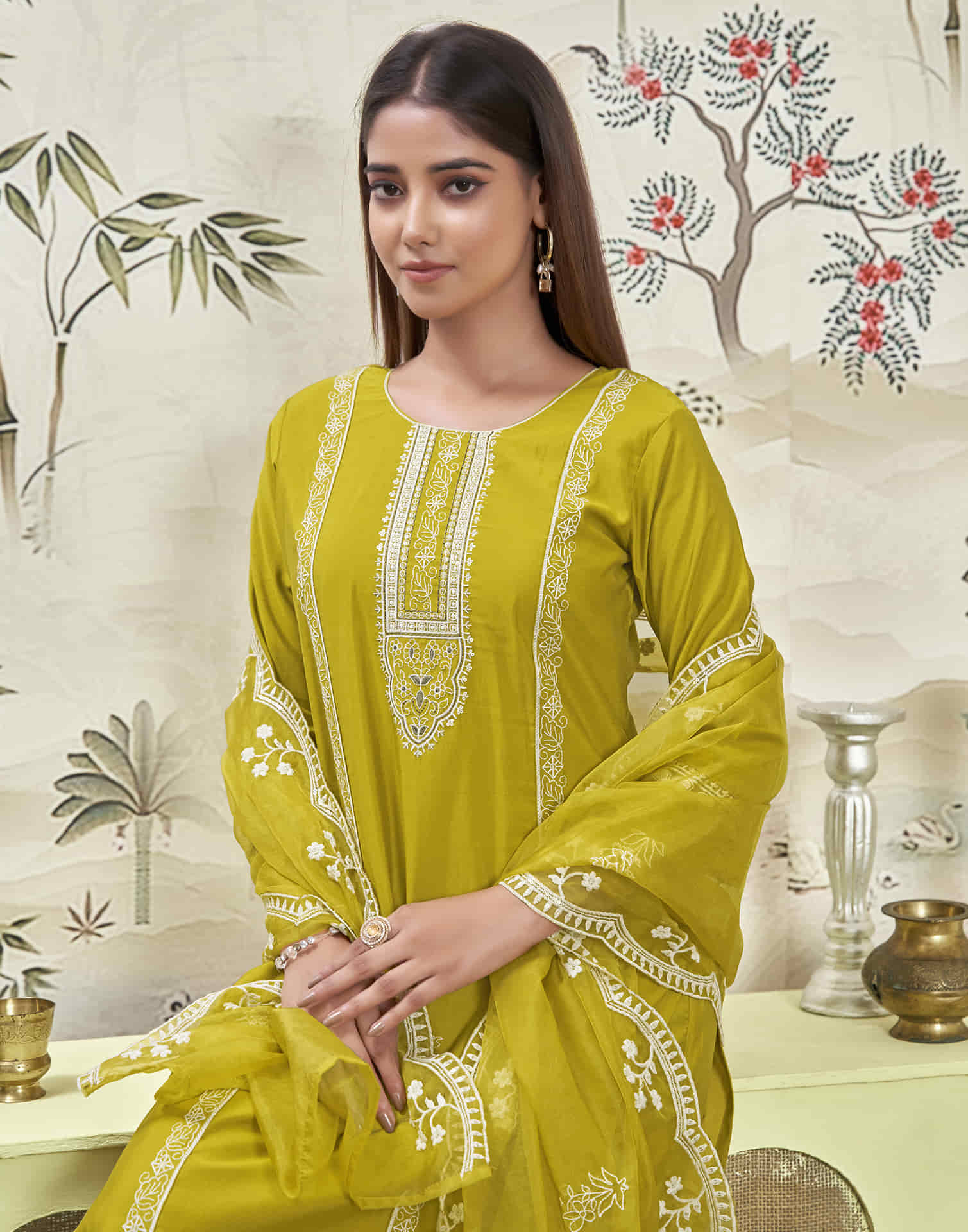 Mustard Green Silk Sequence Straight Kurta Set With Dupatta