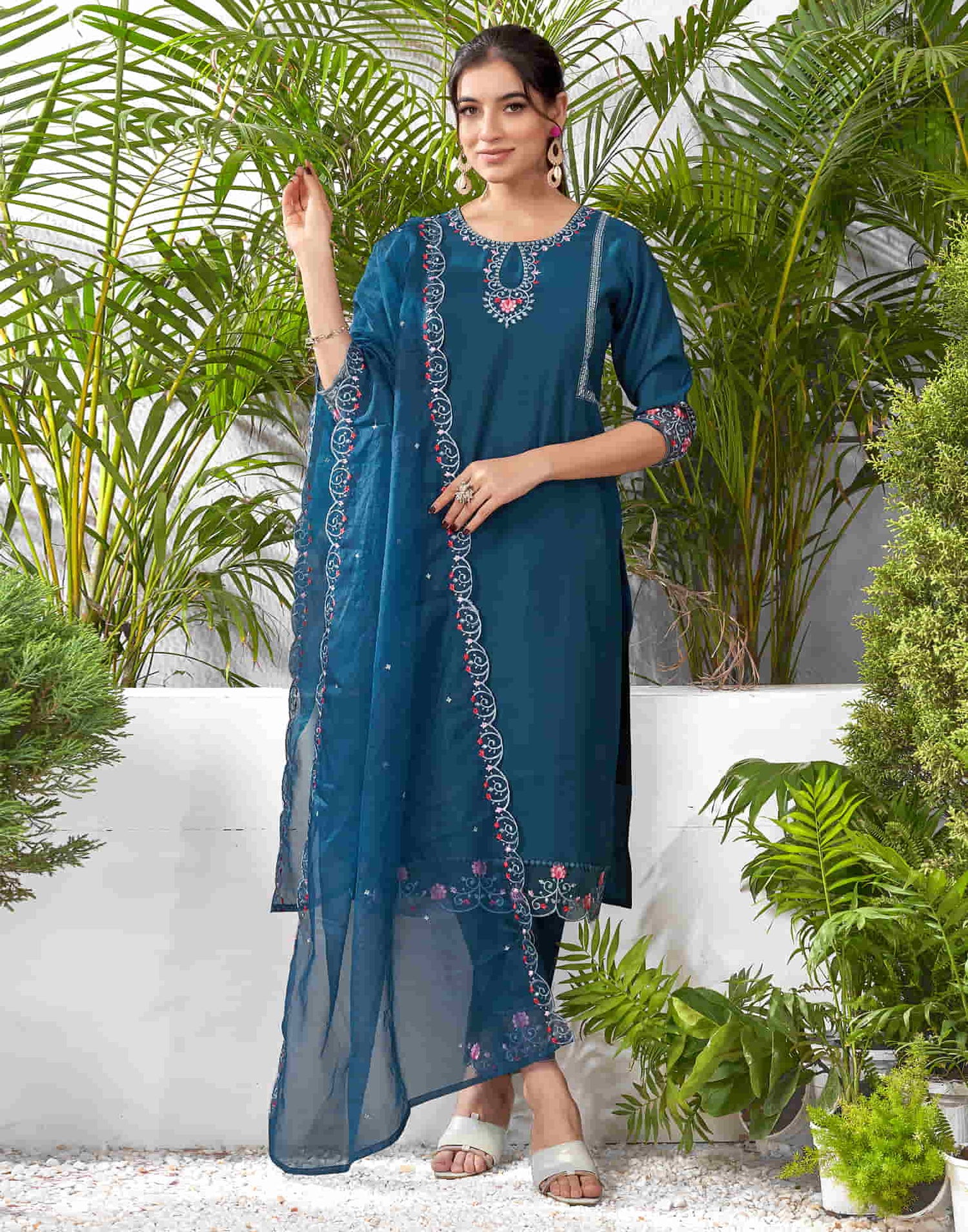 Rama Blue Silk Embroidery Straight Kurta Set With Dupatta