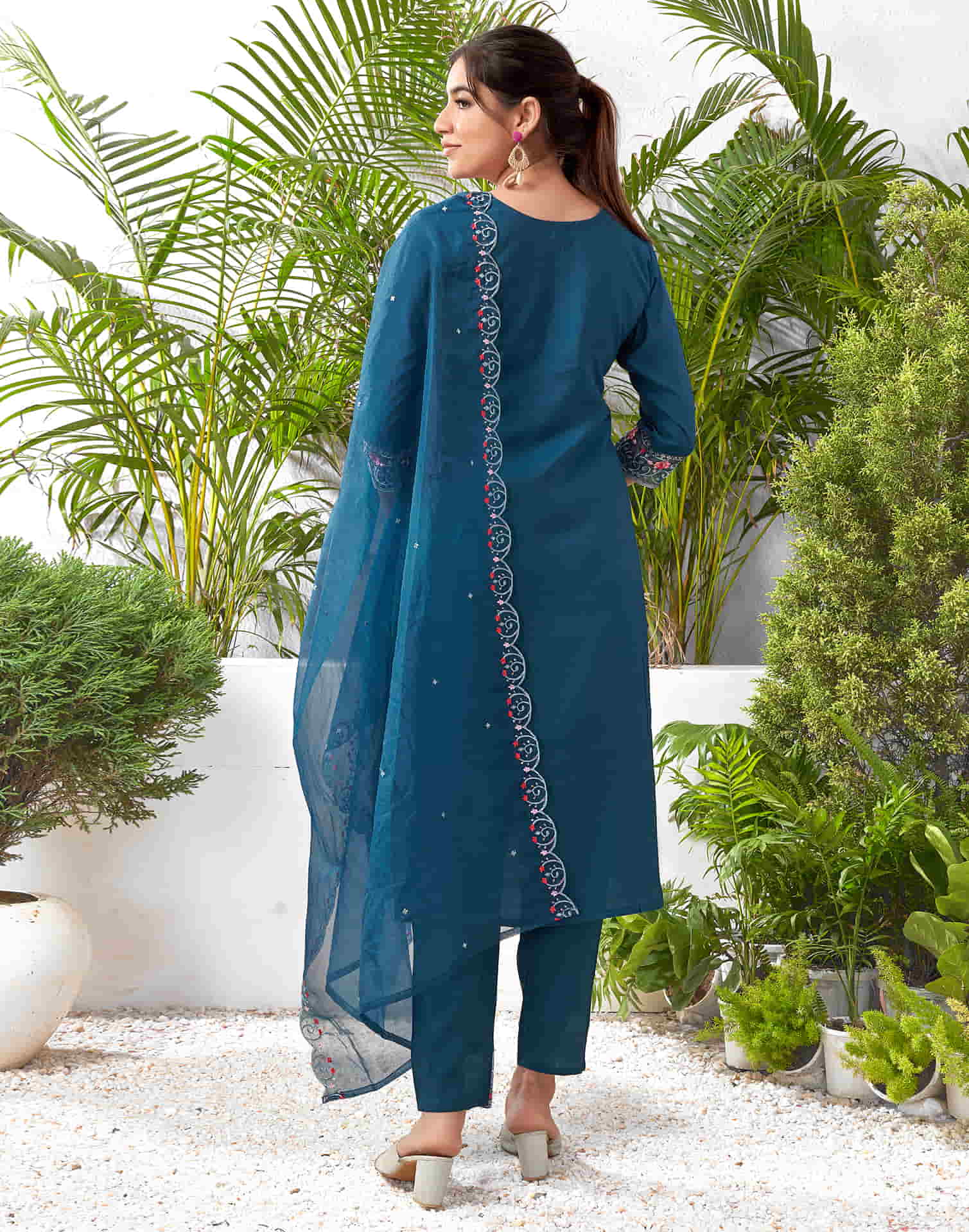 Rama Blue Silk Embroidery Straight Kurta Set With Dupatta