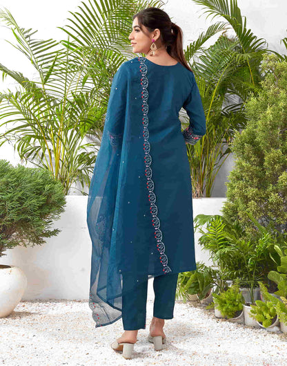 Rama Blue Silk Embroidery Straight Kurta Set With Dupatta