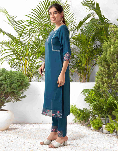 Rama Blue Silk Embroidery Straight Kurta Set With Dupatta