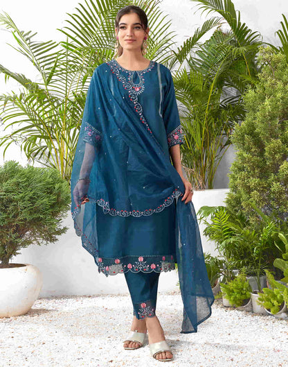 Rama Blue Silk Embroidery Straight Kurta Set With Dupatta