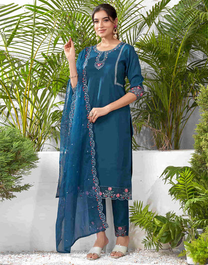 Rama Blue Silk Embroidery Straight Kurta Set With Dupatta