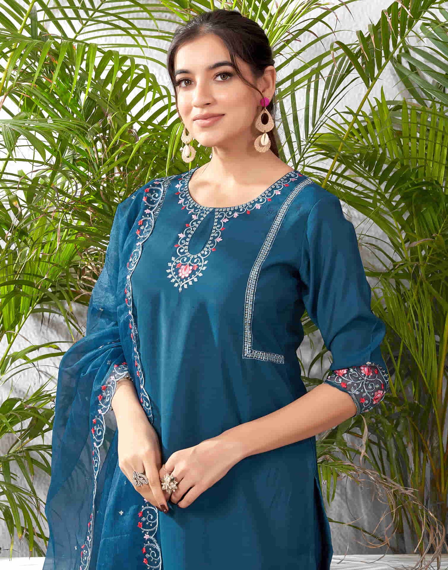 Rama Blue Silk Embroidery Straight Kurta Set With Dupatta