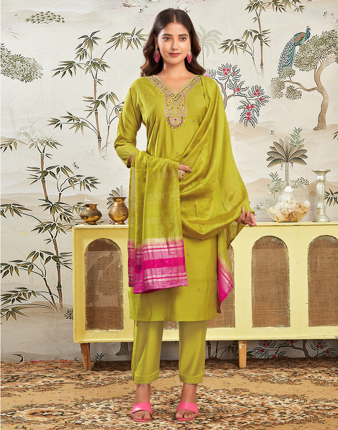 Mustard Green Silk Embroidery Straight Kurta Set With Dupatta