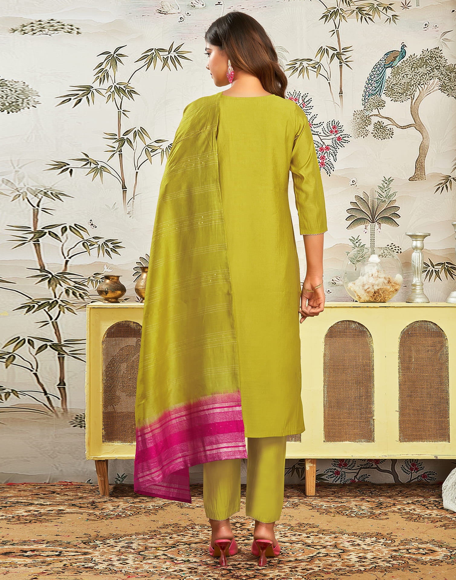 Mustard Green Silk Embroidery Straight Kurta Set With Dupatta