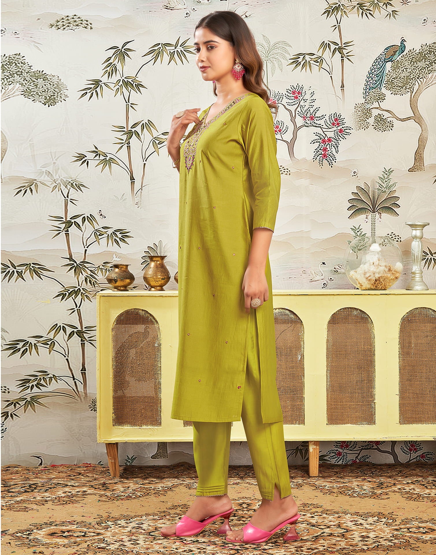 Mustard Green Silk Embroidery Straight Kurta Set With Dupatta