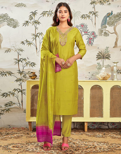 Mustard Green Silk Embroidery Straight Kurta Set With Dupatta