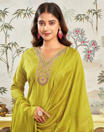 Mustard Green Silk Embroidery Straight Kurta Set With Dupatta