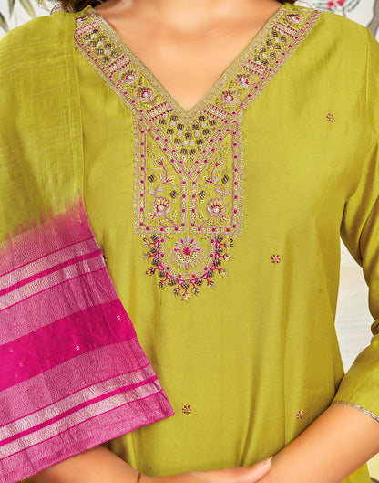 Mustard Green Silk Embroidery Straight Kurta Set With Dupatta