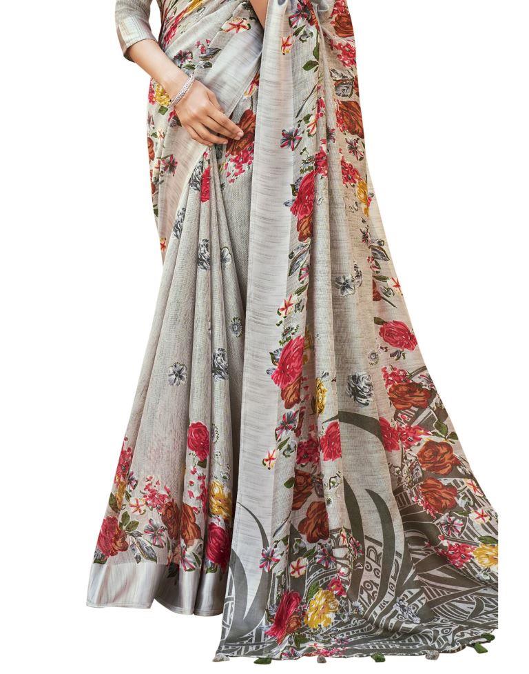 Adorable Silver Grey Jute Floral Printed Saree | Sudathi