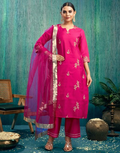 Rani Pink Silk Embroidery Straight Kurta Set With Dupatta