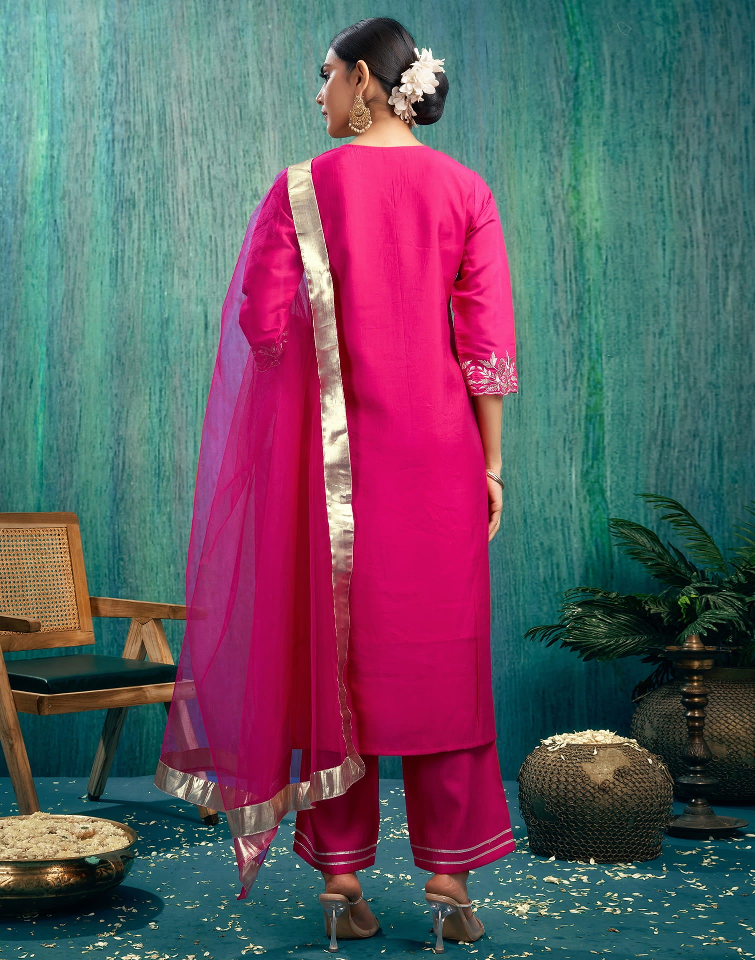 Rani Pink Silk Embroidery Straight Kurta Set With Dupatta