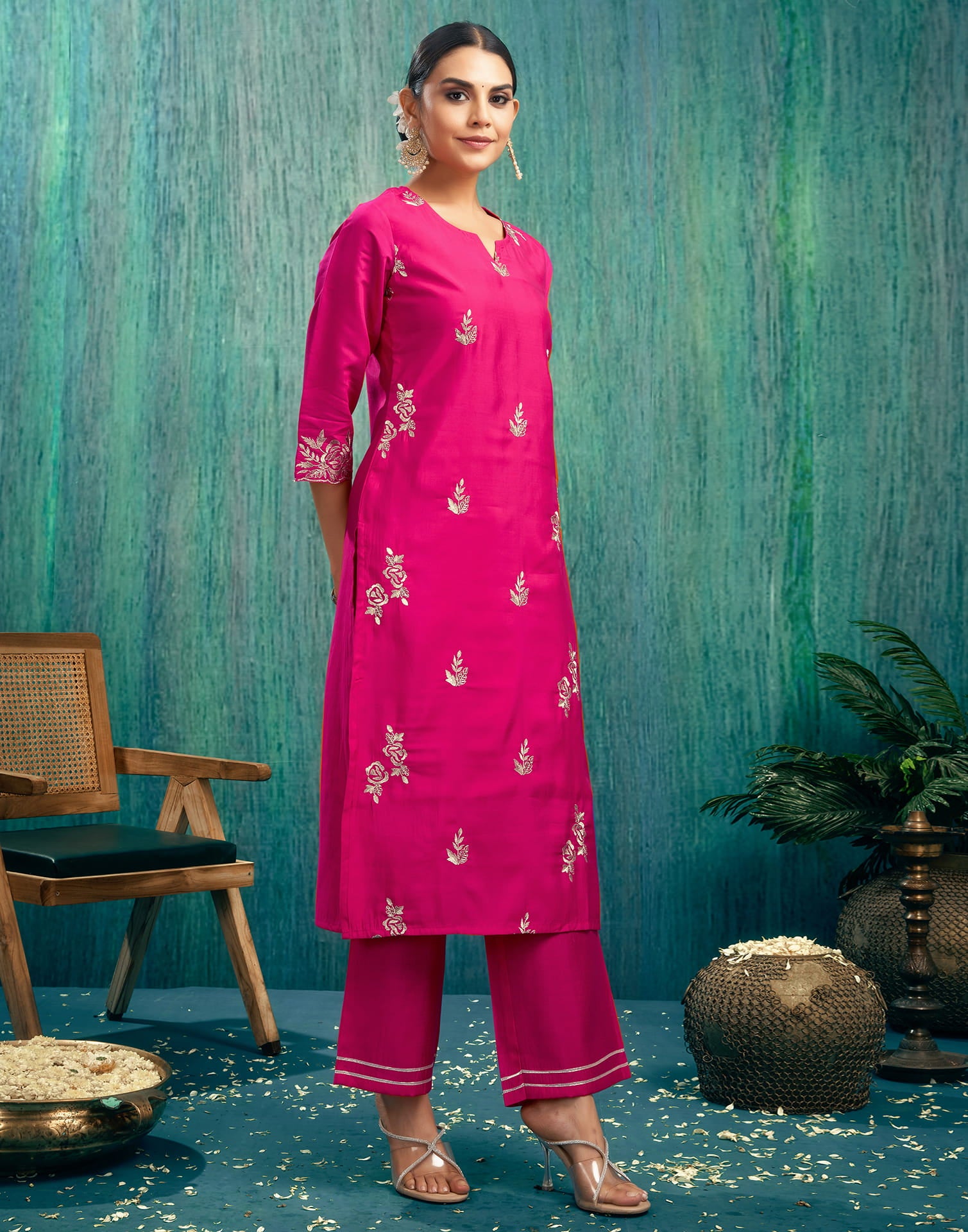 Rani Pink Silk Embroidery Straight Kurta Set With Dupatta