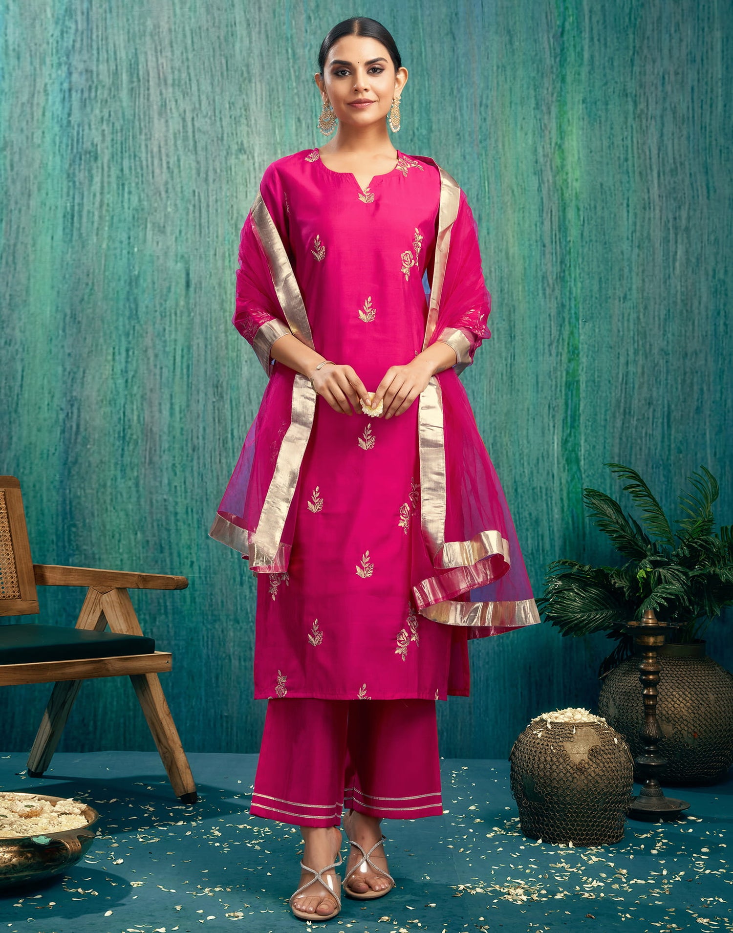 Rani Pink Silk Embroidery Straight Kurta Set With Dupatta