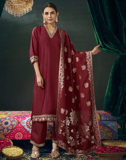 Maroon Silk Sequence Straight Kurta Set With Dupatta