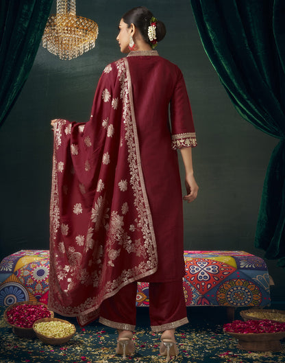 Maroon Silk Sequence Straight Kurta Set With Dupatta