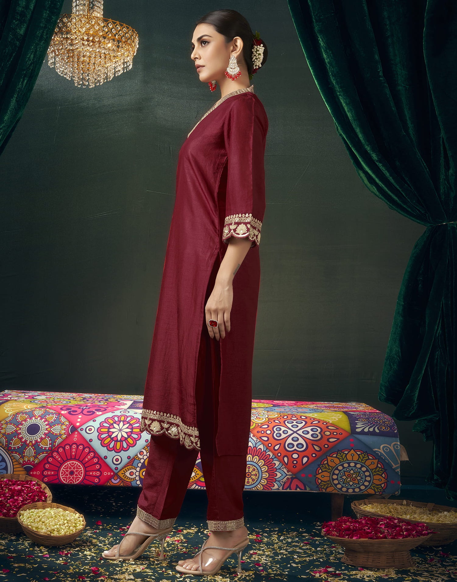 Maroon Silk Sequence Straight Kurta Set With Dupatta