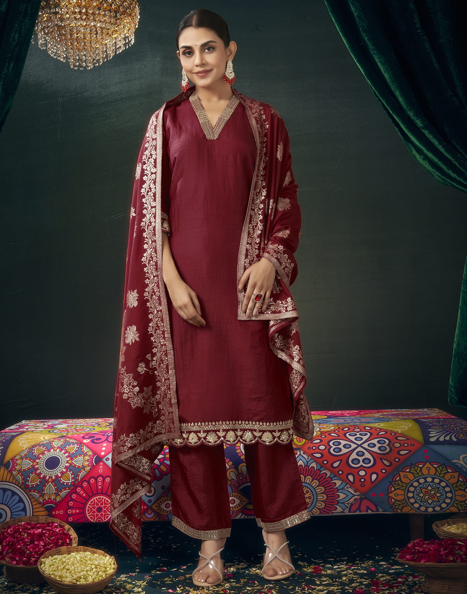 Maroon Silk Sequence Straight Kurta Set With Dupatta