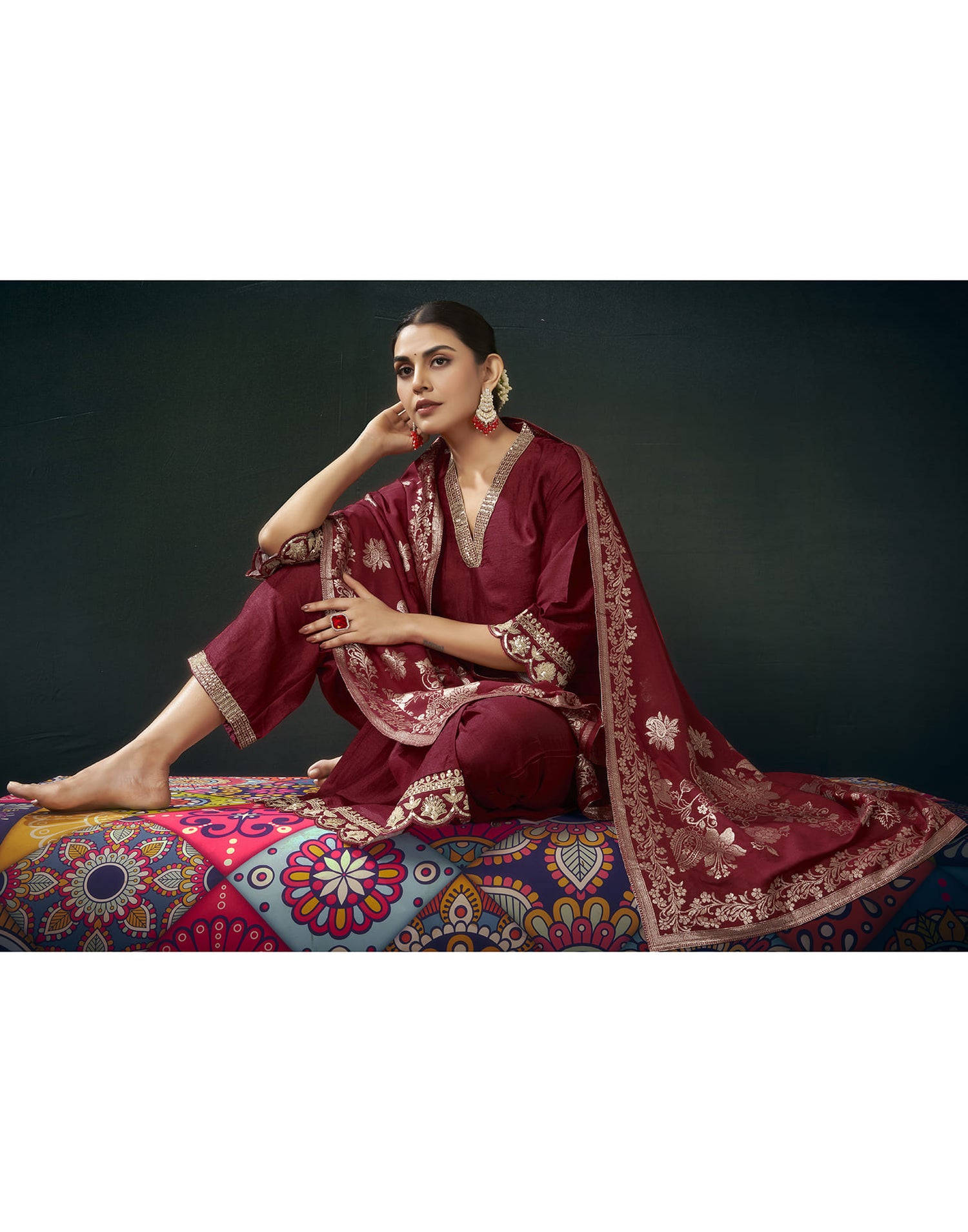 Maroon Silk Sequence Straight Kurta Set With Dupatta