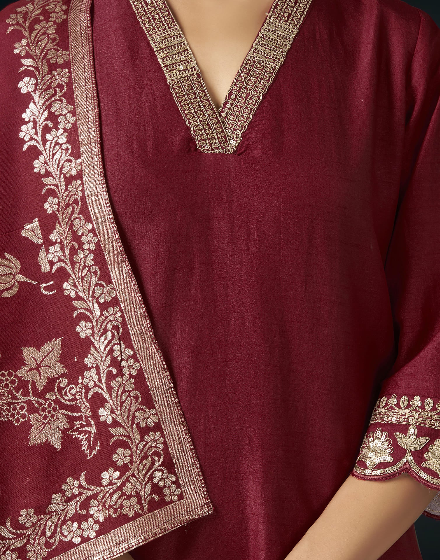 Maroon Silk Sequence Straight Kurta Set With Dupatta