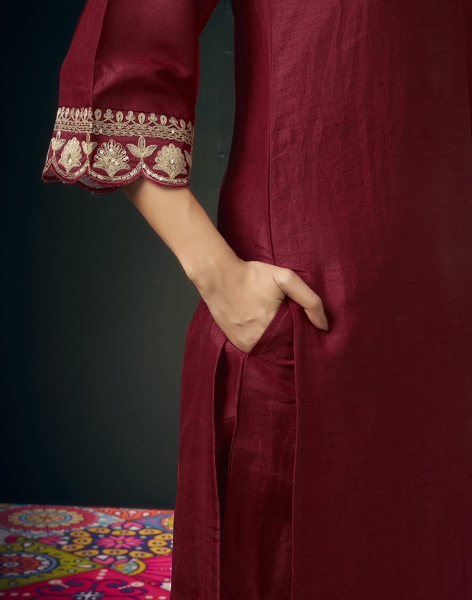 Maroon Silk Sequence Straight Kurta Set With Dupatta