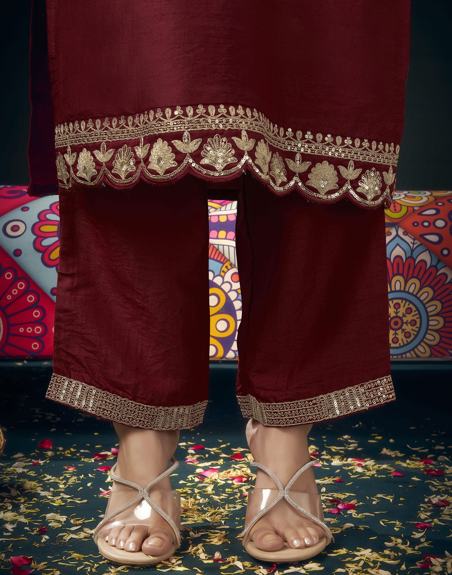 Maroon Silk Sequence Straight Kurta Set With Dupatta