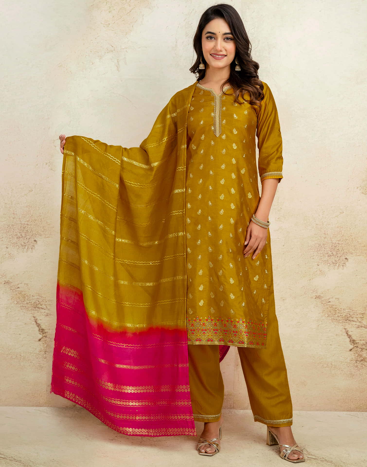 Mustard Yellow Chinnon Weaving Straight Kurta Set With Dupatta