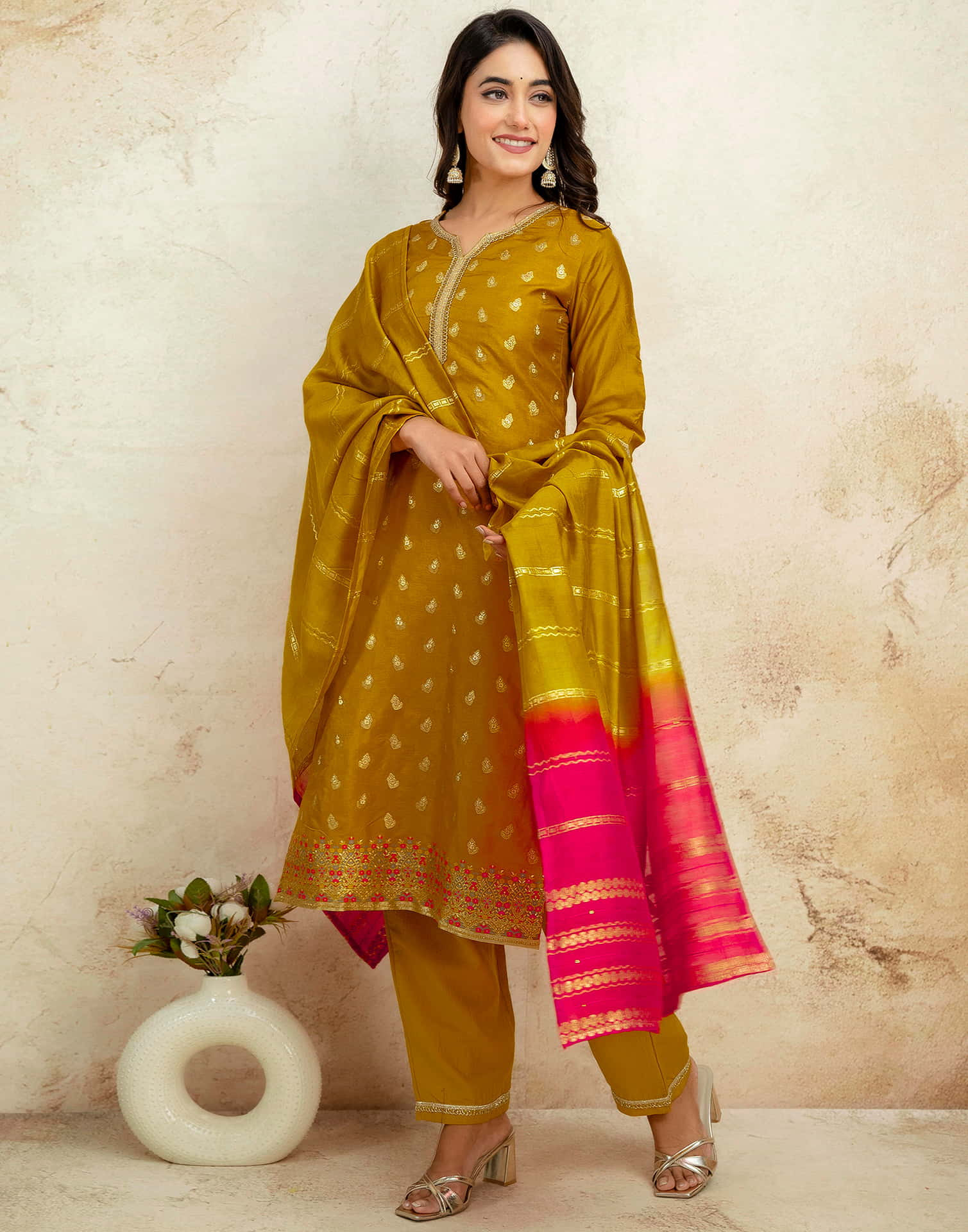 Mustard Yellow Chinnon Weaving Straight Kurta Set With Dupatta