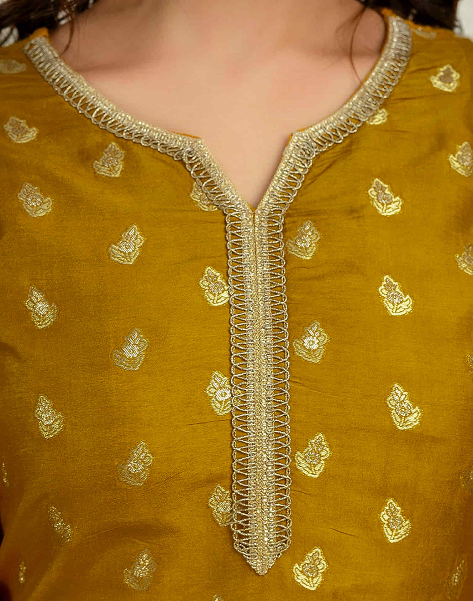 Mustard Yellow Chinnon Weaving Straight Kurta Set With Dupatta