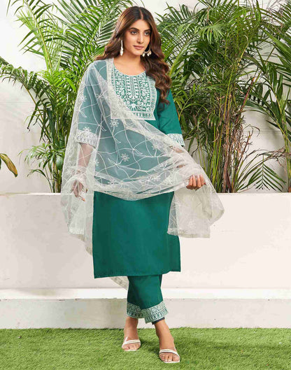 Teal Green Cotton Embroidery Straight Kurta Set With Dupatta