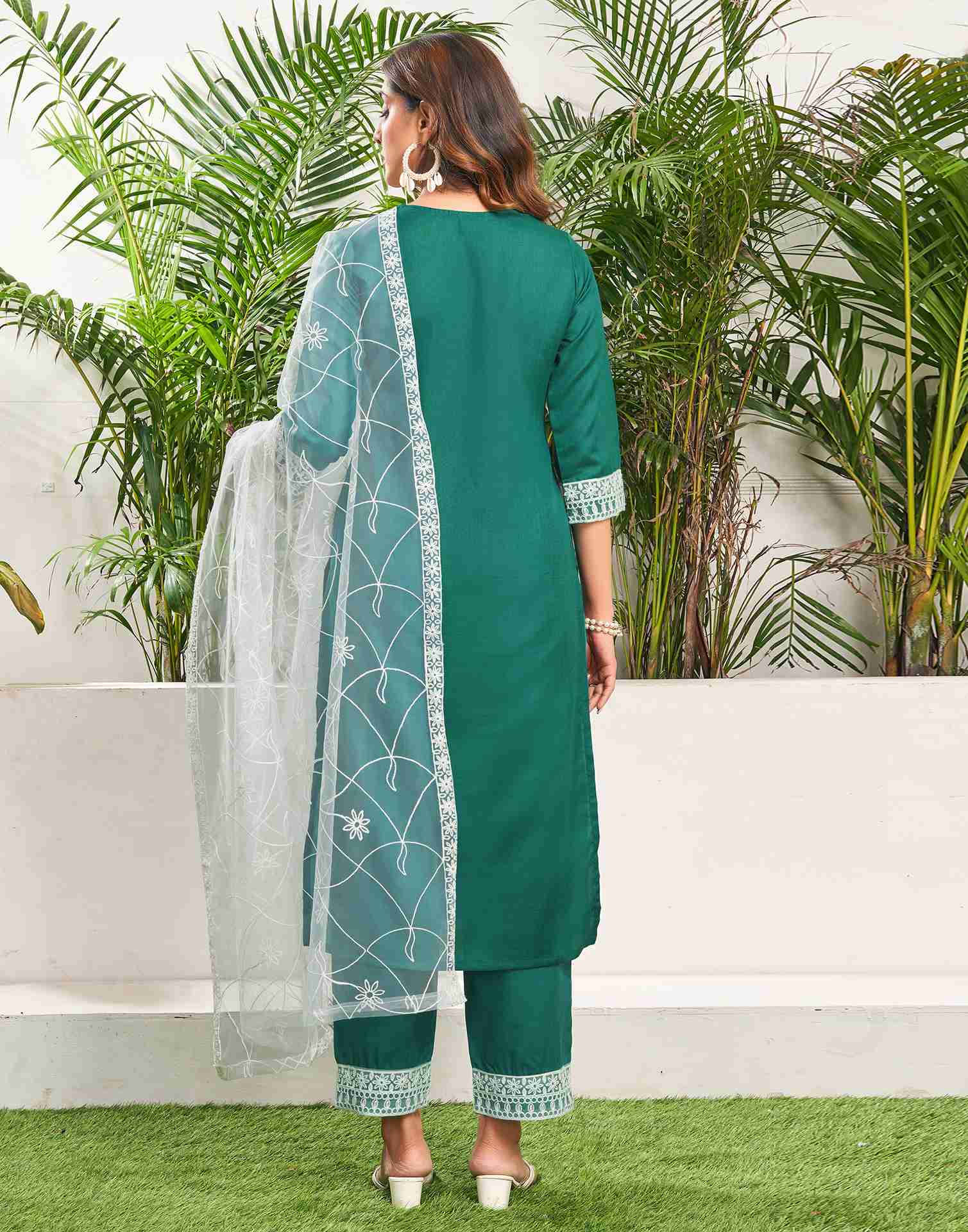 Teal Green Cotton Embroidery Straight Kurta Set With Dupatta