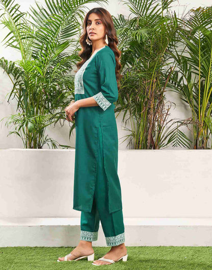 Teal Green Cotton Embroidery Straight Kurta Set With Dupatta