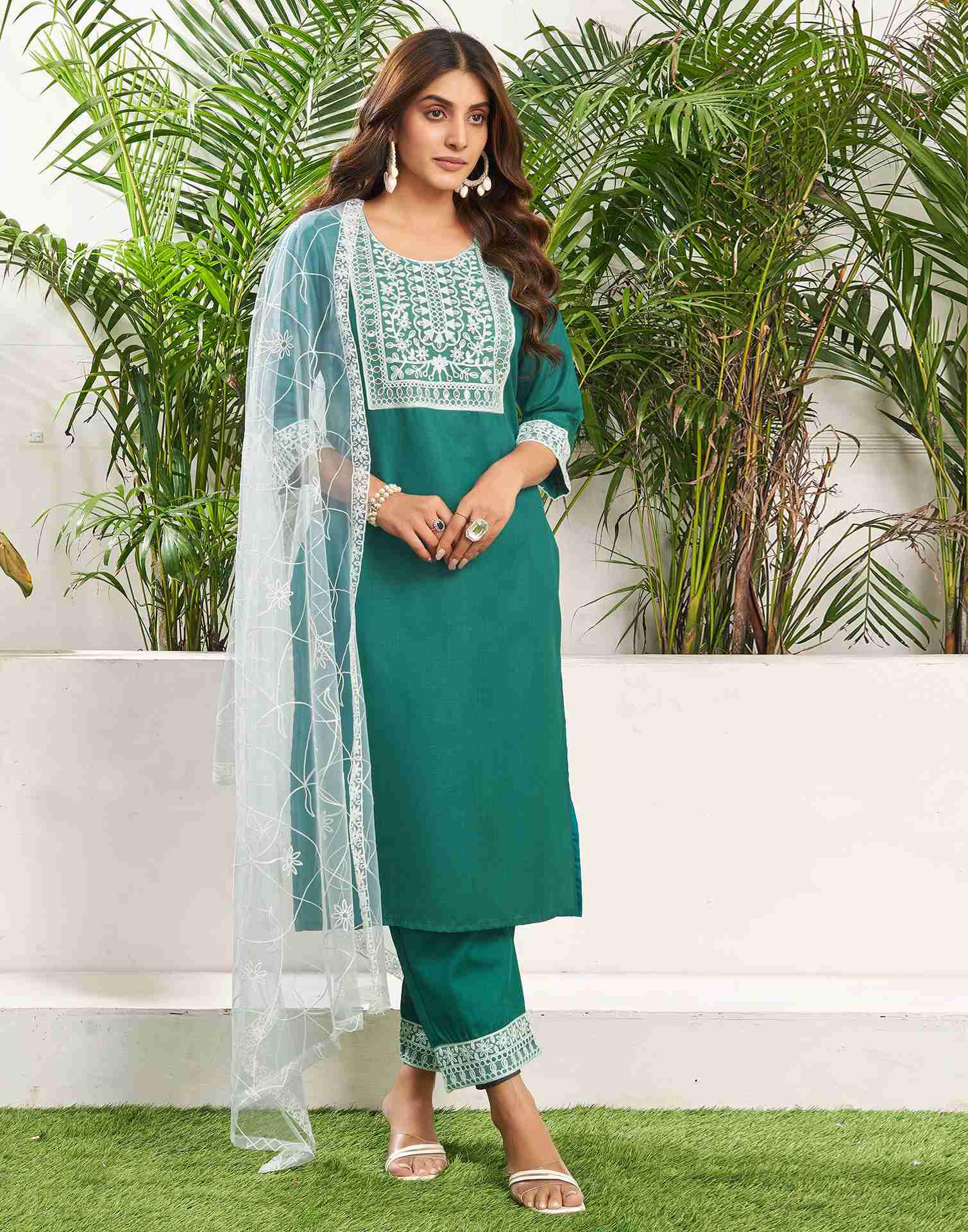 Teal Green Cotton Embroidery Straight Kurta Set With Dupatta