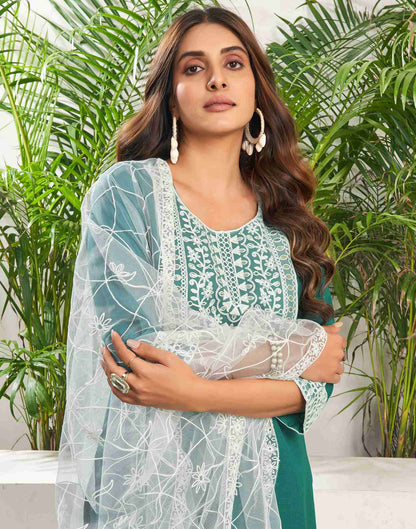 Teal Green Cotton Embroidery Straight Kurta Set With Dupatta