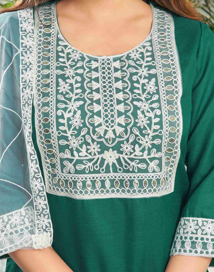 Teal Green Cotton Embroidery Straight Kurta Set With Dupatta