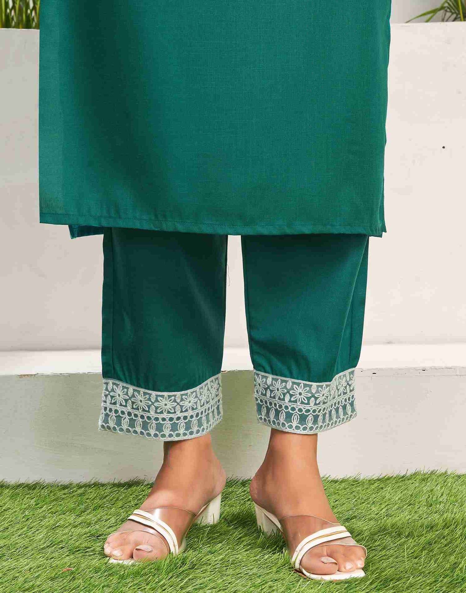 Teal Green Cotton Embroidery Straight Kurta Set With Dupatta