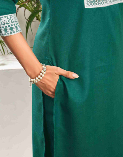 Teal Green Cotton Embroidery Straight Kurta Set With Dupatta