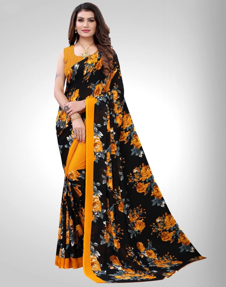 Black And Mustard Yellow Coloured Georgette Floral Printed Saree | Sudathi