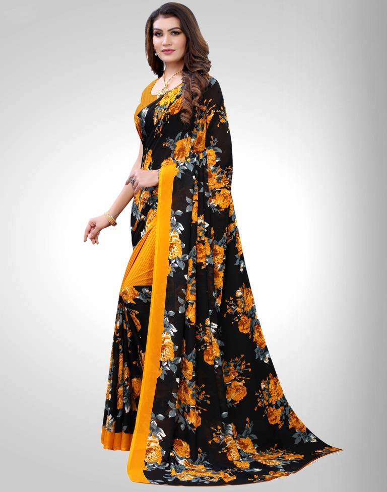 Black And Mustard Yellow Coloured Georgette Floral Printed Saree | Sudathi