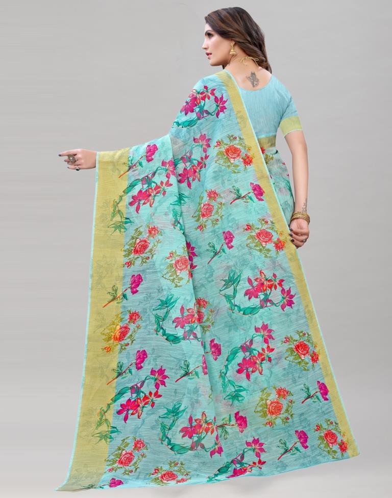 Sky Blue Cotton Printed Saree | Sudathi