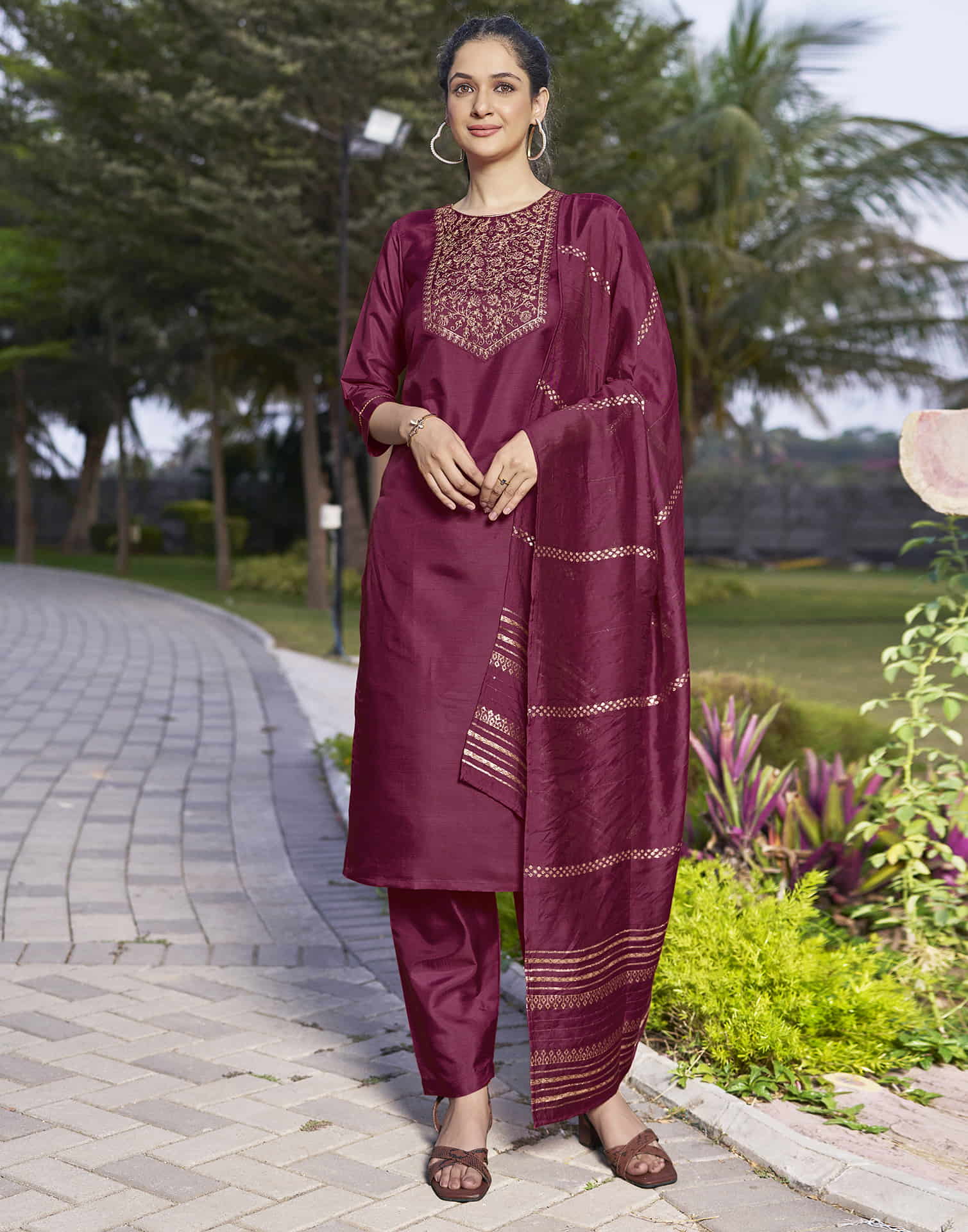 Dark Pink Embroidery Silk Straight Kurta With Pant And Dupatta