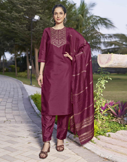 Dark Pink Embroidery Silk Straight Kurta With Pant And Dupatta