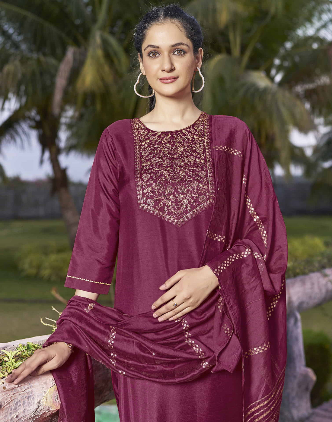 Dark Pink Embroidery Silk Straight Kurta With Pant And Dupatta