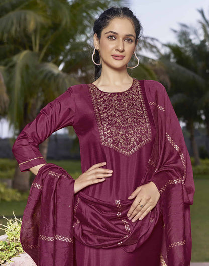 Dark Pink Embroidery Silk Straight Kurta With Pant And Dupatta