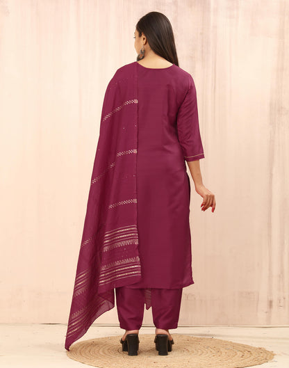 Dark Pink Embroidery Silk Straight Kurta With Pant And Dupatta