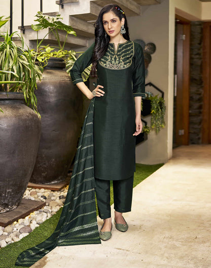 Dark Green Embroidery Silk Straight Kurta With Pant And Dupatta