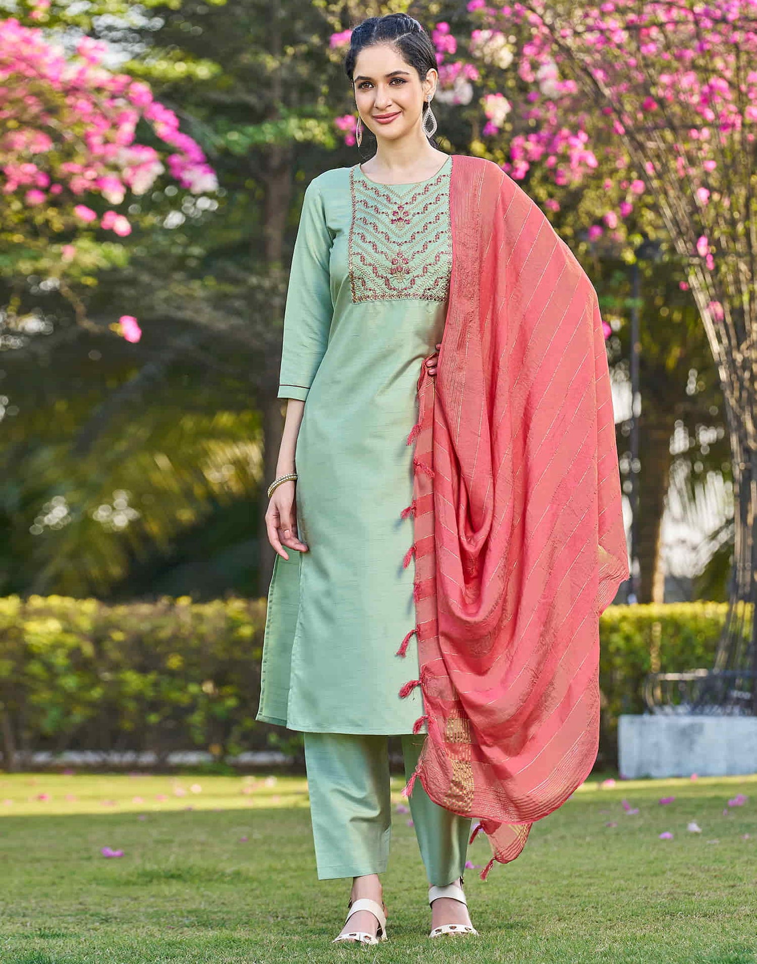 Light Pista Green Embroidery Silk Straight Kurta With Pant And Dupatta