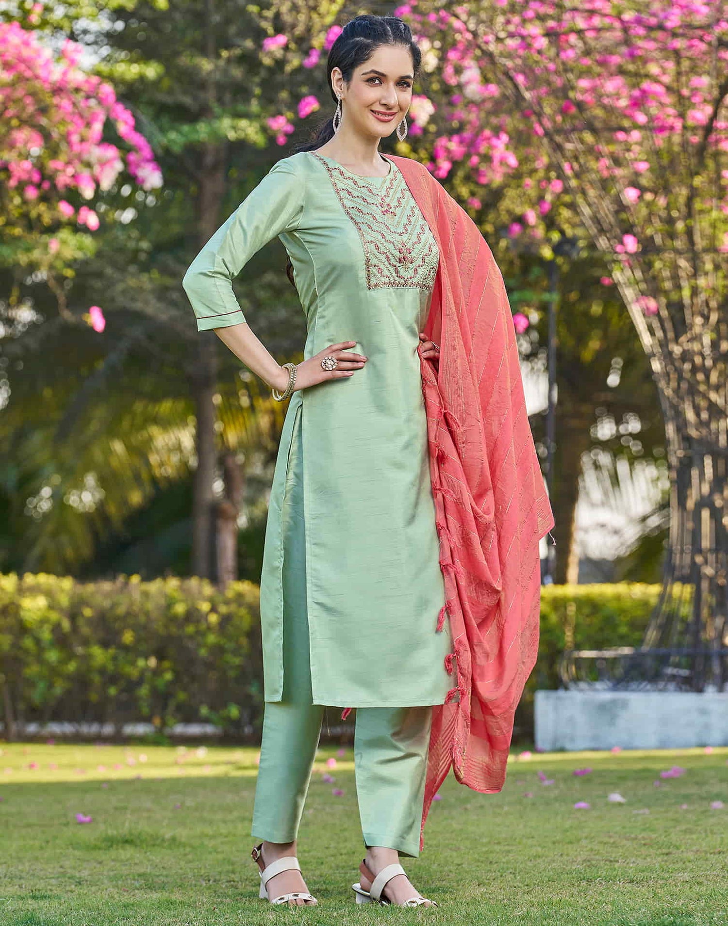 Light Pista Green Embroidery Silk Straight Kurta With Pant And Dupatta