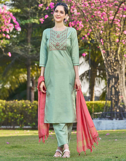 Light Pista Green Embroidery Silk Straight Kurta With Pant And Dupatta